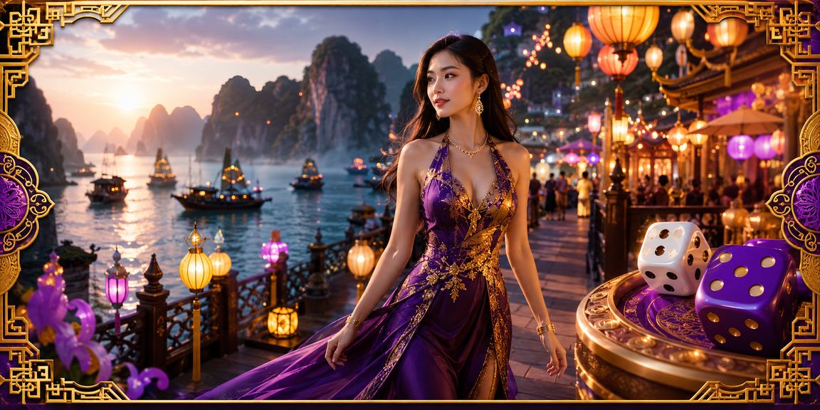 Cảnh đêm Vịnh Hạ Long với ánh đèn rực rỡ, người dùng thư giãn và tham gia xổ số trực tuyến