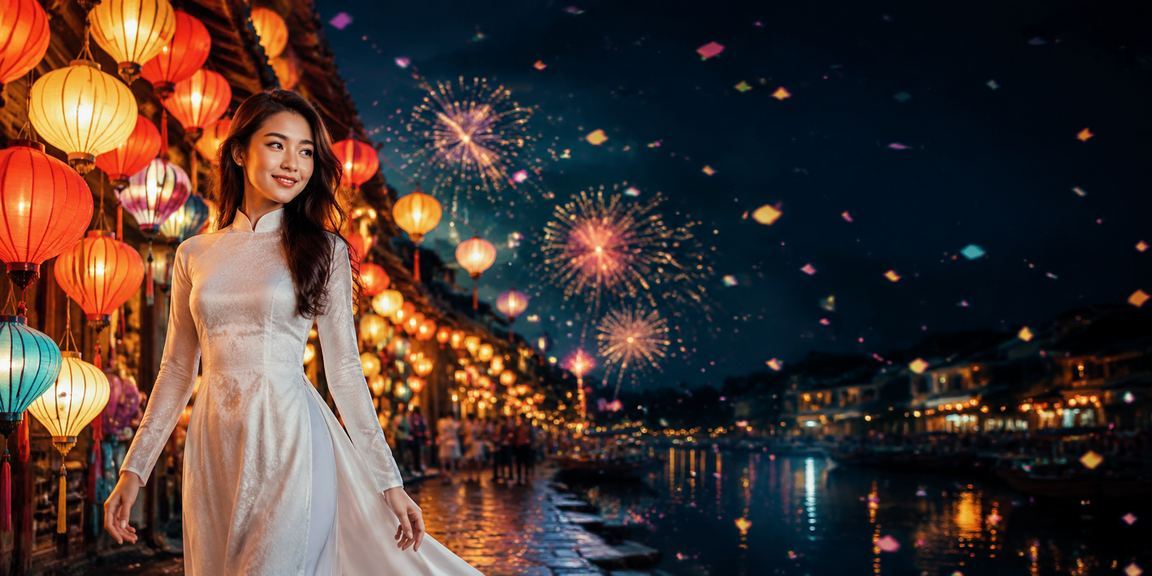 Phụ nữ mặc áo dài trải nghiệm casino tại phố cổ Hội An lung linh đèn lồng