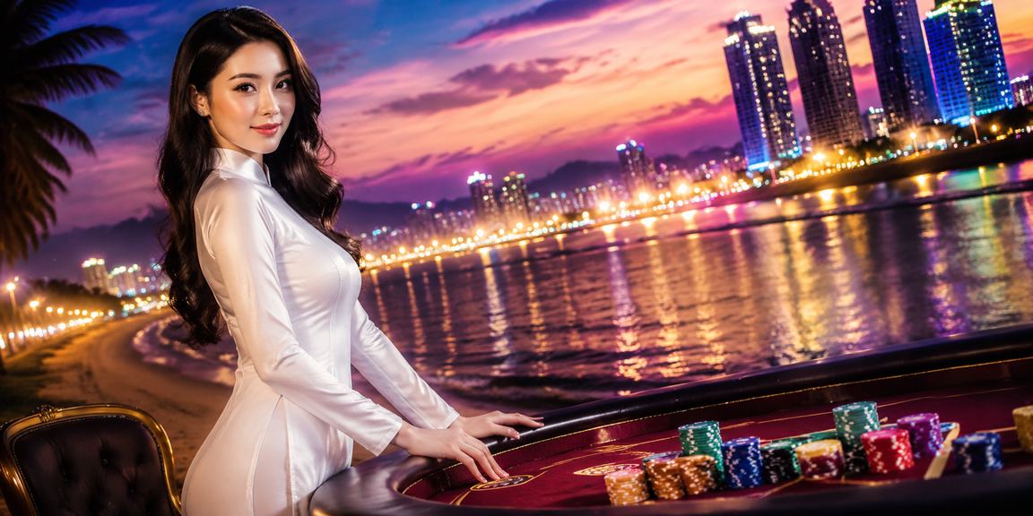 Phụ nữ mặc áo dài tại Vũng Tàu cầm điện thoại xem kết quả xổ số bên bờ biển